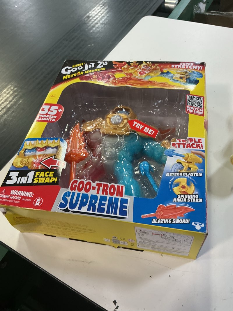 Condition photo showing Good Condition for heroes of goo jit zu goo-tron supreme superhero toys, combines the power of blazagon, pantaro & thrash in 1 ultimate hero, 3 different goo fillings, 35+ phrases & lights, face swap & triple attack