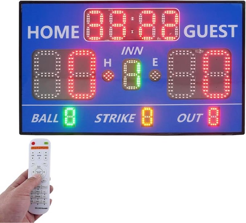 Electronic Baseball Scoreboard with Remote LED Digital Scoreboard with Timer and Buzzer Portable Corded Electric/Battery Powered Score Keeper for Sports Games, 0-99 Scores, 90-110 dB, 3-Color Display
