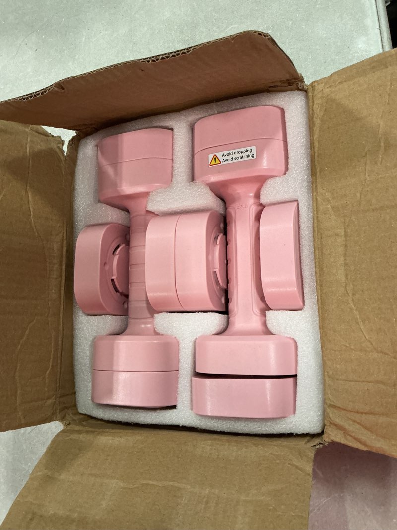 Condition photo showing Good Condition for ragebby adjustable dumbbell set of 2, 2.2-10lb adjustable weight set, anti-slip handle, 3 in 1 free weights dumbbells set for women at home, 2.2lb, 3.6lb, 5lb, for home, office, gym exercise training pink 10lb(5lb pair)