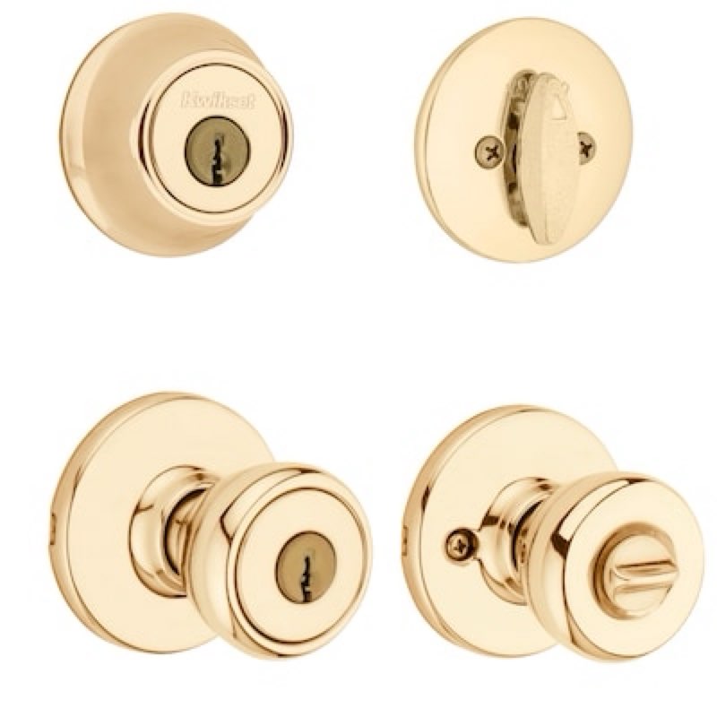 kwikset tylo polished brass exterior single-cylinder deadbolt and keyed entry door knob