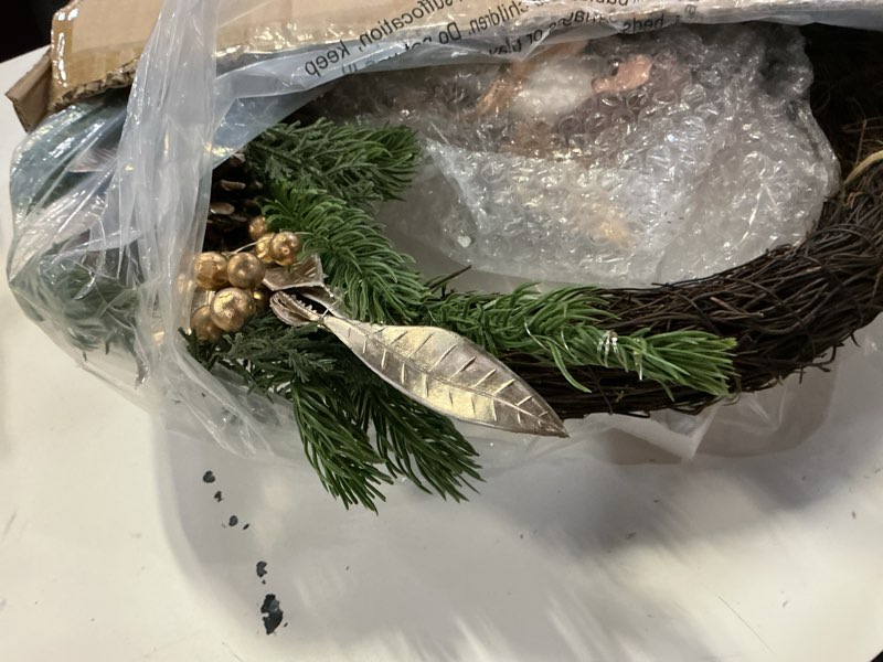 Condition photo showing New/Like New for Christmas Wreath with Lights,24" Prelit Christmas Wreaths for Front Door with Angle Pine Cones Pine Branches 20 Lights Christmas Door Wreath Decorations for Wall Decor (White-Angle)