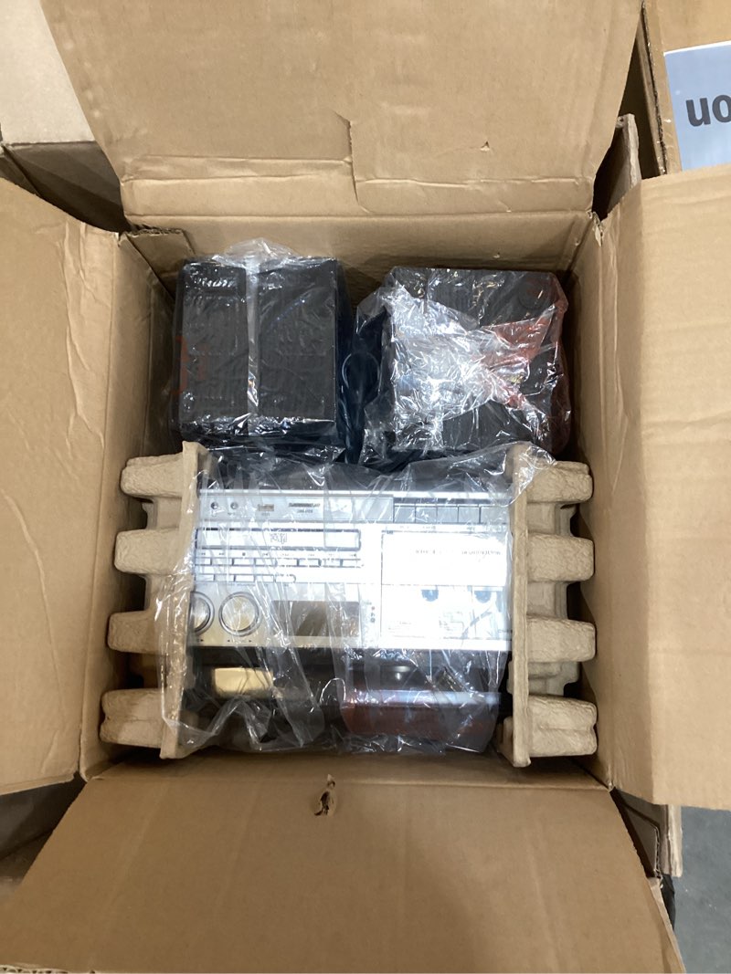 Condition photo showing Good Condition for 10 in 1 record player with external speakers, 3 speedturntable with am/fm radio, cd & cassette player, bluetooth, usb/sd playback, remote control, black t408-black