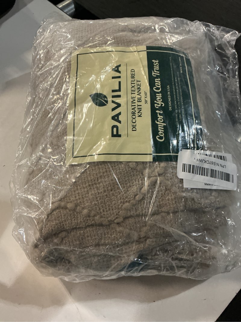Condition photo showing New/Like New for pavilia tan taupe knit throw blanket, soft knitted farmhouse, 50x60 | lightweight decorative summer fall throw, outdoor textured boho blanket, for couch bed sofa chair living room bedroom tan taupe 50 x 60 inches - throw