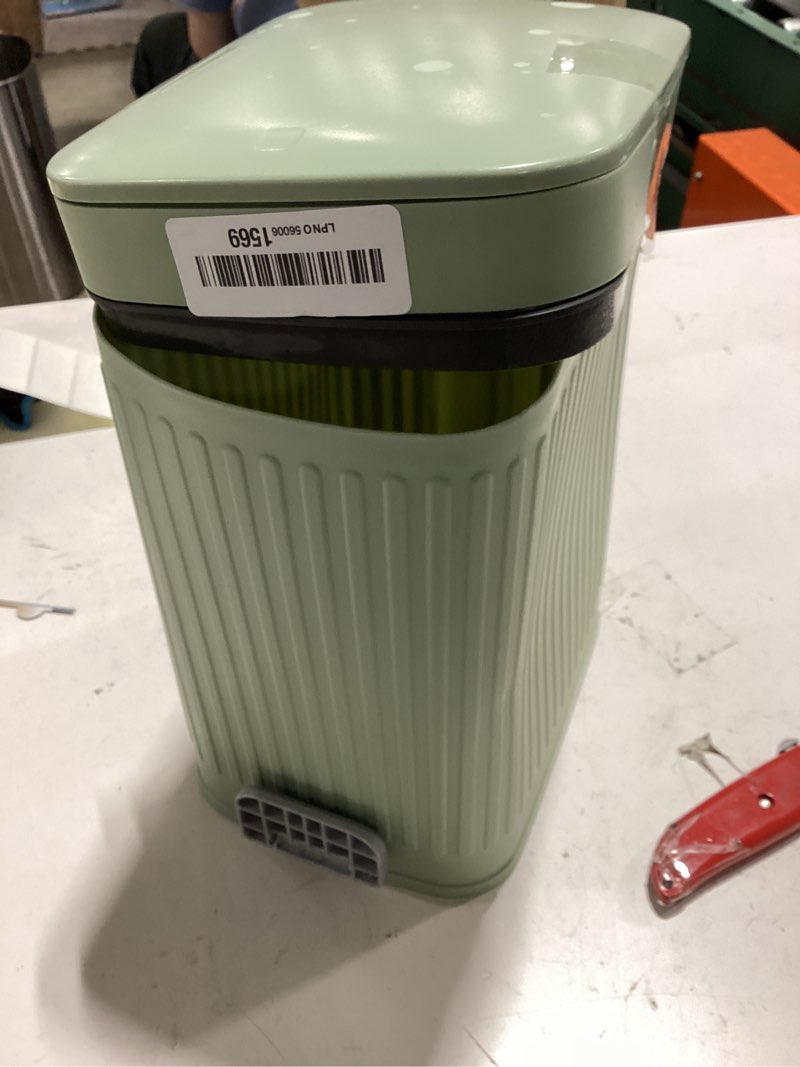 Condition photo showing As Is for rejomiik small bathroom trash can with lid slim soft close garbage can step wastebasket container trash bin for office bedroom kitchen living room (1.9 gallon light green)