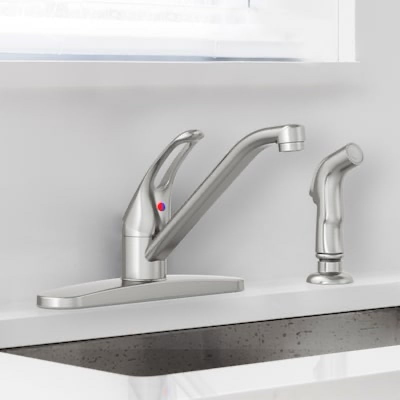 project source wakebridge stainless steel pvd single handle deck-mount kitchen faucet (includes deck plate) (includes side sprayer)
