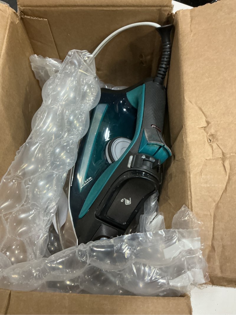 Condition photo showing As Is for rowenta pro master stainless steel soleplate steam iron for clothes, 210 g/min, 400 microsteam holes, cotton, wool, poly, silk, linen, nylon, 1775 watts iron steamer for clothes, powerful steam dw8360