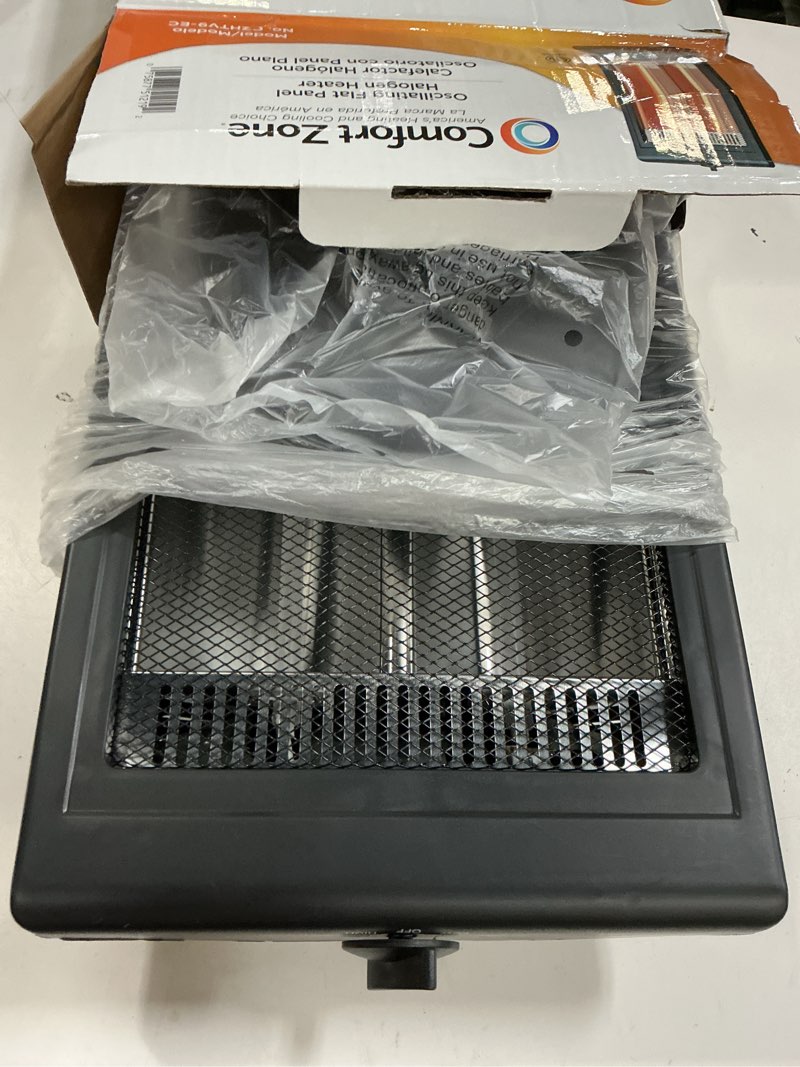 Condition photo showing As Is for comfort zone oscillating portable space heater, flat panel, halogen, infrared, electric, adjustable tilt, overheat sensor, stay-cool, & tip-over switch, ideal for home, bedroom, & office, 800w, czhtv9