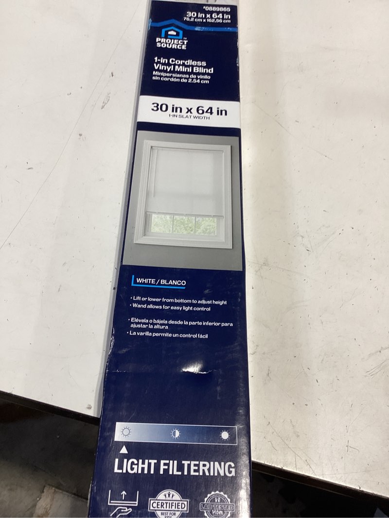 Condition photo showing As Is for project source light filtering 1-in slat width 30-in x 64-in cordless white vinyl light filtering mini-blinds