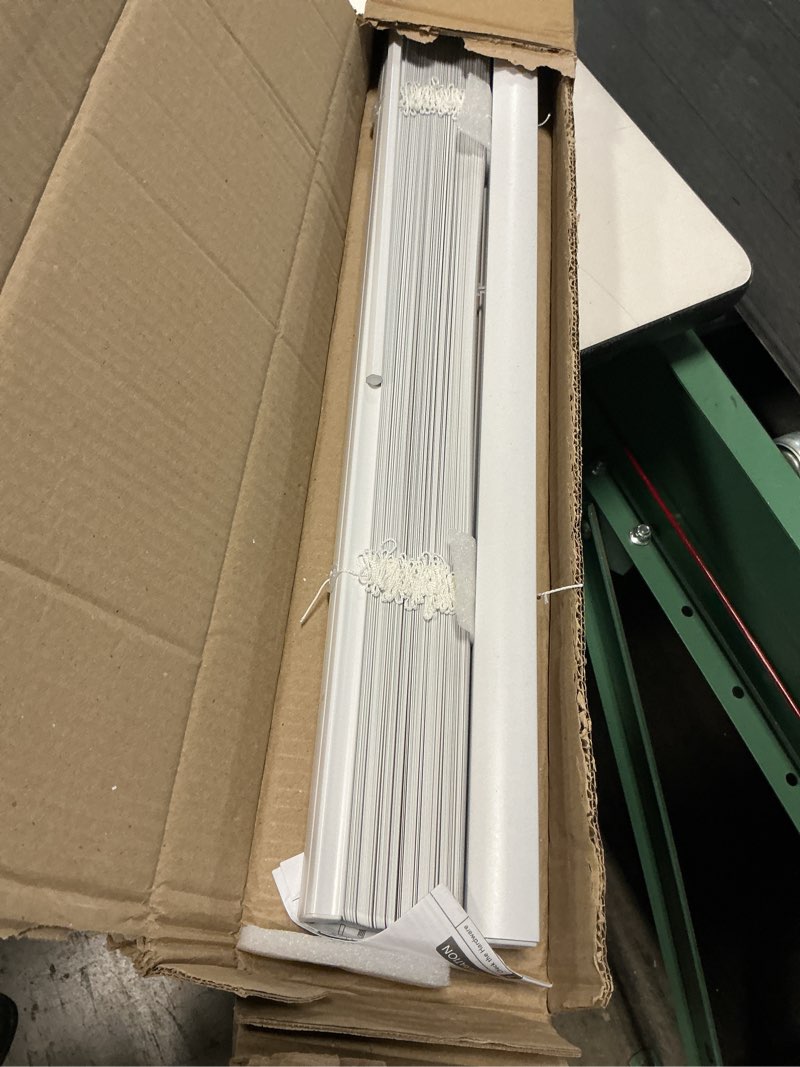 Condition photo showing As Is for chicology cordless mini blinds for indoor windows, 42" w x 72" h, gray vinyl 1" slats with tilt wand, light filtering to room darkening, moisture-resistant, child-safe, screw-mount installation 42"w x 72"h gray (commercial grade)