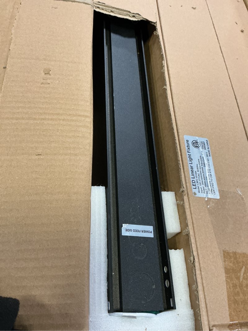 Condition photo showing As Is for Zaltris 4FT LED Linear Light Fixtures, 40/30/20W, 3/4/5000K Selectable, Commercial 4’ Linear Lights Linkable for Office, Shop, Gym, AC120-277V, Flush Mount Suspended, 0-10V Dimmable, Black, 6Pack