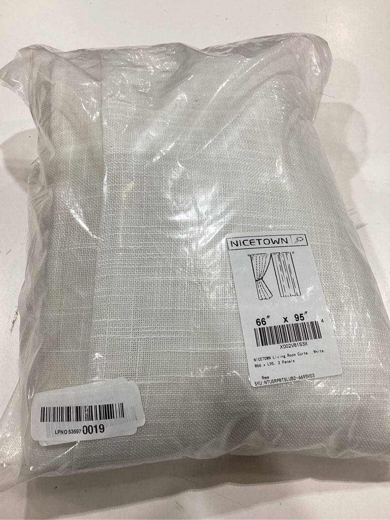 Condition photo showing New/Like New for nicetown living room curtains linen sheer, rod pocket & back tab sheer linen window treatments extra long vertical drapes privacy with light filter for bedroom, white, w66 x l95, 2 panels white 66"w x 95"l (pack of 2)
