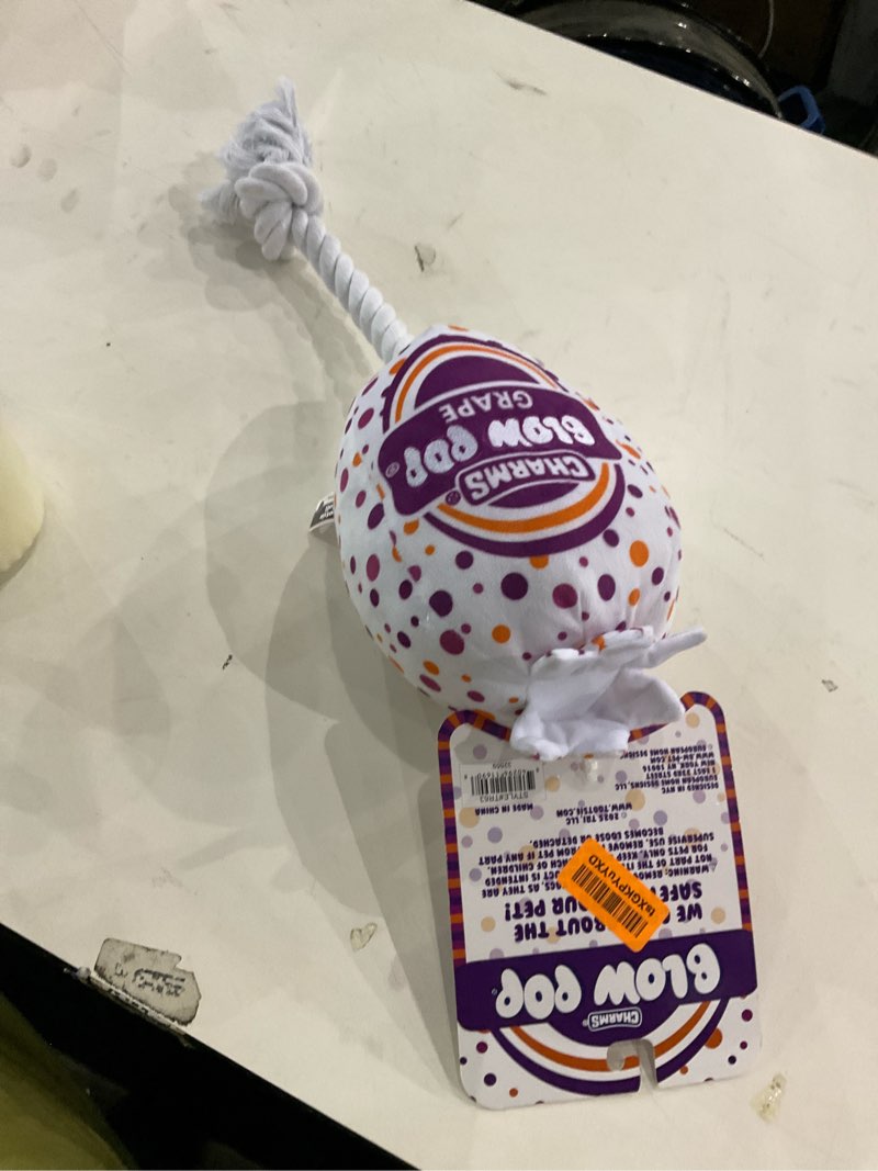 Condition photo showing New/Like New for Blow Pop Plush & Rope Dog Toy – Scented Squeaky Plush with Durable Rope Stick – Tug, Fetch & Chew Toy for Dogs – Available in Jumbo & Medium Sizes – Apple, Cherry, Grape & Watermelon Grape Jumbo