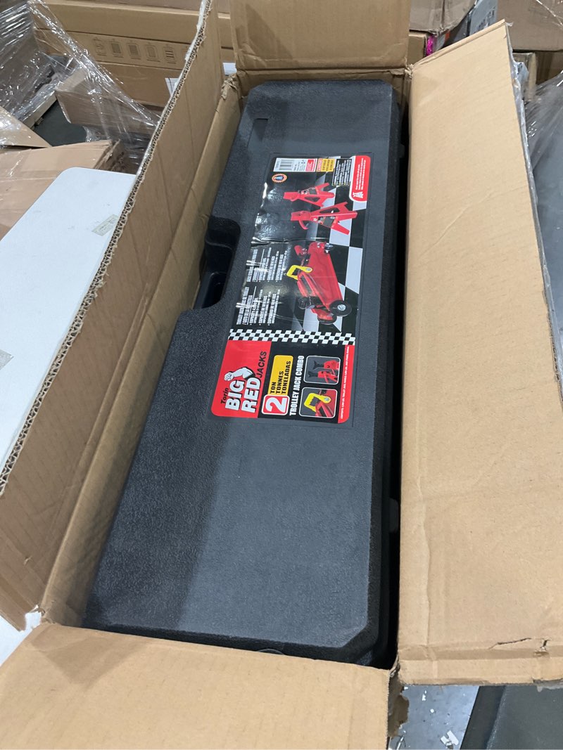 Condition photo showing Good Condition for big red t82001s torin hydraulic trolley service/floor jack combo with 2 jack stands and blow mold carrying storage case, 2 ton (4,000 lb) capacity, red red with jack stands and case 2 ton