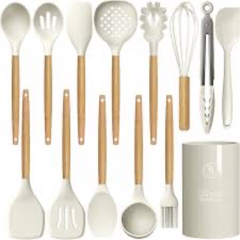 oannao silicone cooking utensils set - 446°f heat resistant silicone kitchen utensils for cooking,kitchen utensil spatula set w wooden handles, bpa free gadgets for non-stick cookware (khaki)