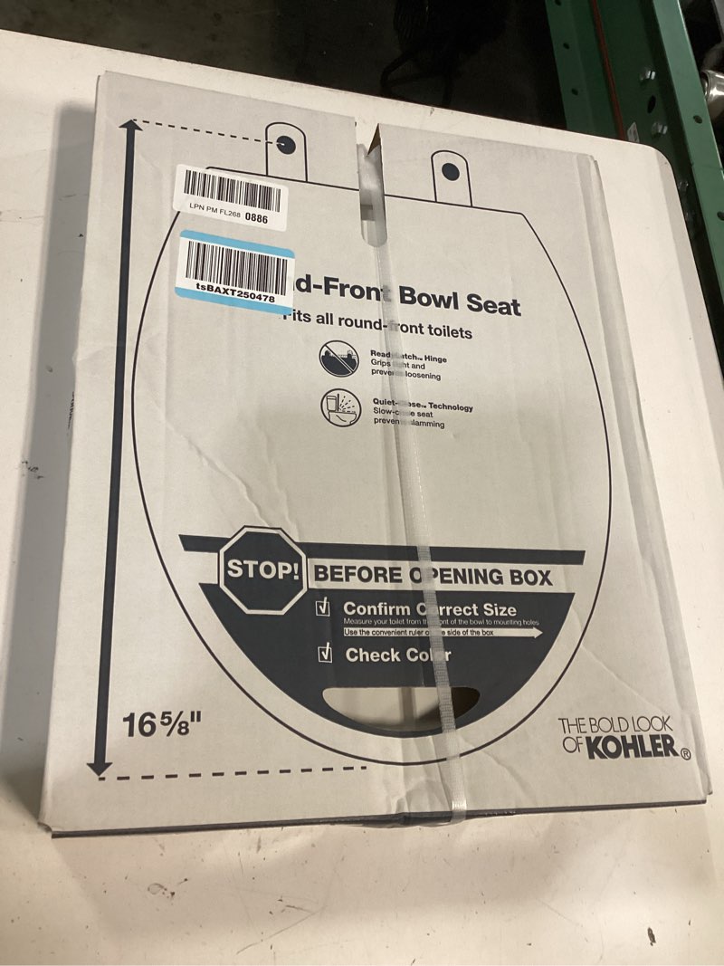 Condition photo showing New/Like New for kohler k-26802-0 impro readylatch quiet close round toilet seat, white toilet seat, grip-tight bumpers, new home essentials, slam prevention white round