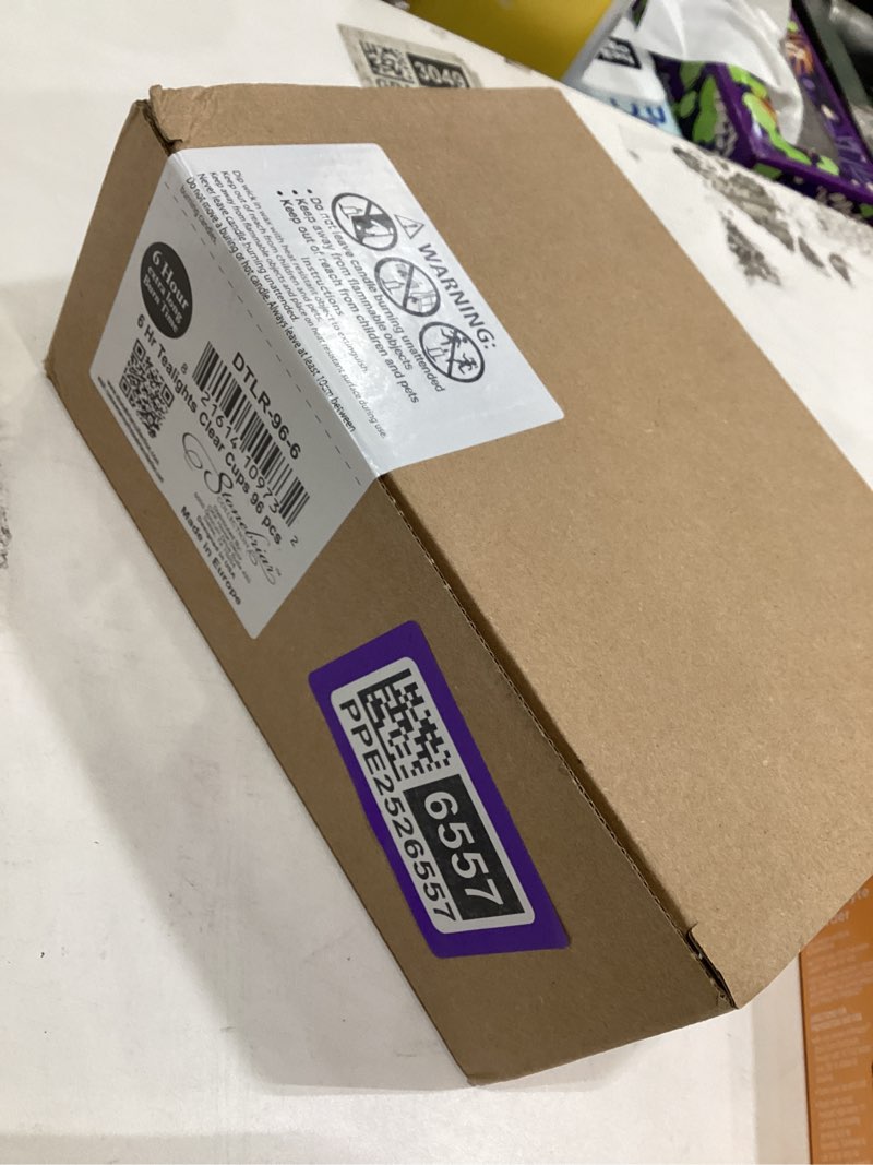 Condition photo showing New/Like New for Stonebriar 96 Count White Unscented Smokeless Long Burning Clear Cup Tea Light Candles with 6 to 7 Hour Burn Time