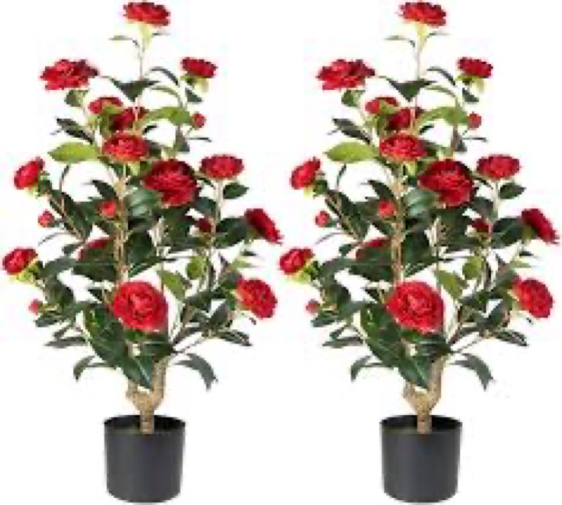 Datietiao Artificial Camellia Tree 2 Pack - Realistic Camellia Plants in Pot with Red Flowers, Lifel
