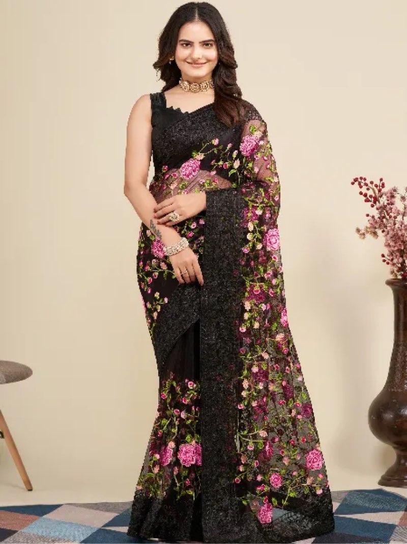 (Similar )Black Color Soft Net Saree With Beautiful Embroidery Design And Blouse
