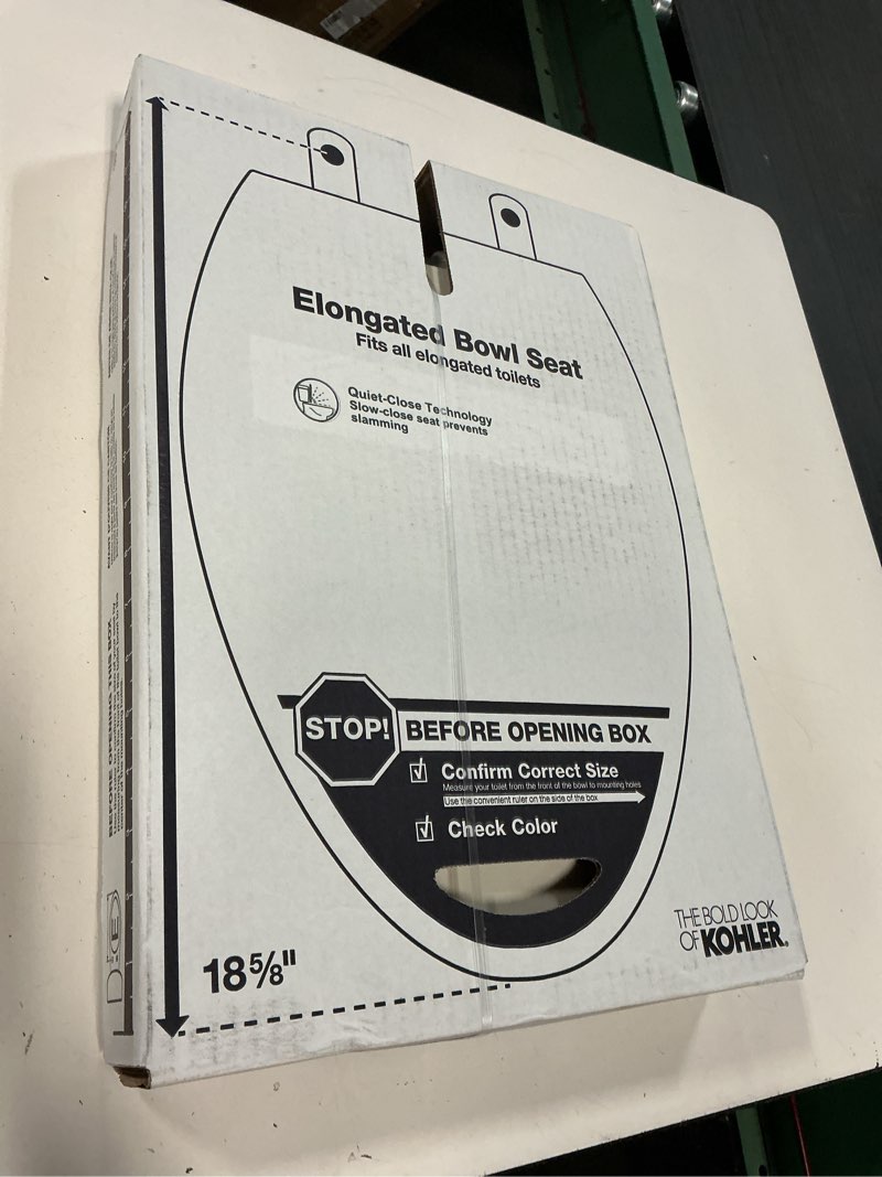 Condition photo showing New/Like New for kohler 20110-96 brevia, slow close toilet seat, elongated toilet seat, grip-tight bumpers quick-attach hardware, biscuit biscuit elongated quiet-close