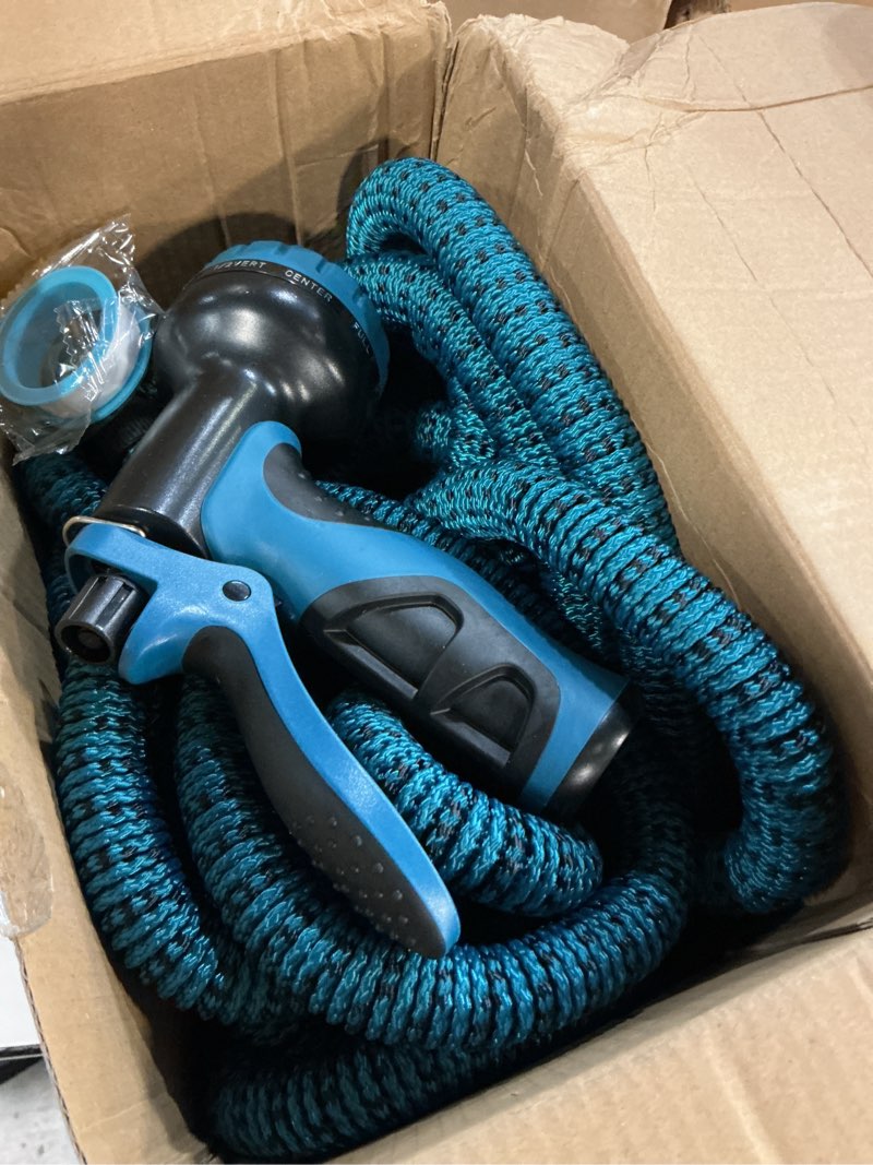 Condition photo showing New/Like New for 100ft garden hose, lightweight flexible water hose, 5/8" kink free leak proof hose, heavy duty 96-layer woven with 3/4" brass fittings, 10 function nozzle for yard lawn outdoor car wash(blueblack) 100ft blue black