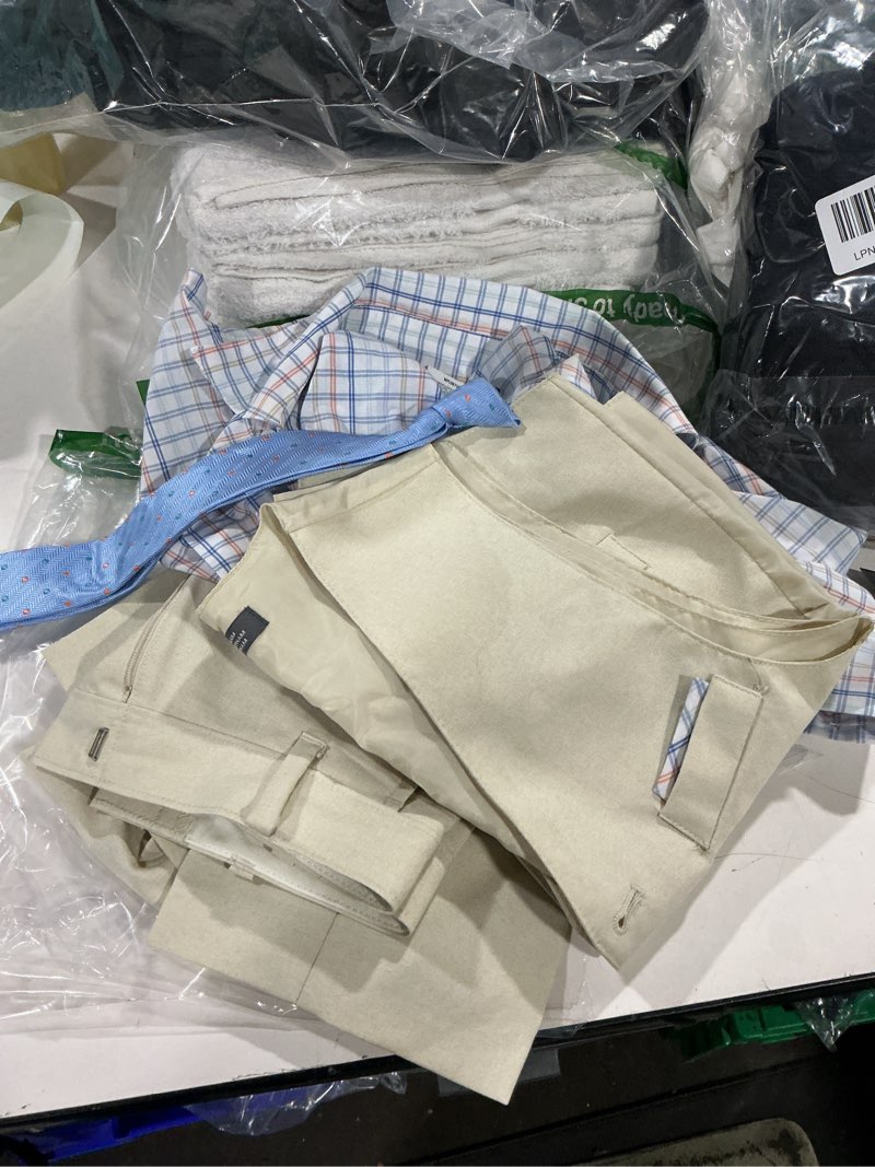 Condition photo showing Good Condition for izod boys' 4-piece formal dress up suit set, vest, pants, collared shirt, and tie size 8 sanibel peach
