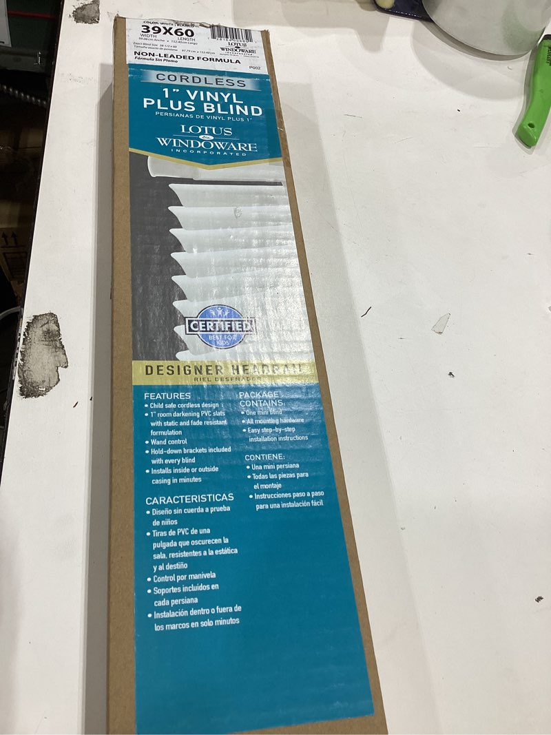Condition photo showing Good Condition for LOTUS & WINDOWARE Cordless 1" Premium Vinyl Mini Blind, 39" Wide x 60" Long, White, Smooth, Room Darkening, Horizontal Blinds for Living Room, Bedroom, Interior Door Windows 39"W x 60"H White