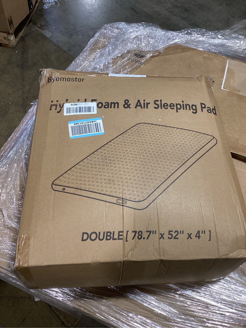 Condition photo showing As Is for byomostor 4" ultra-thick foam & air camping mattress with built-in rechargeable air pump, 9.5r insulated foam air mattress for car, truck, rooftop tent – double size, portable all-season sleeping pad green full