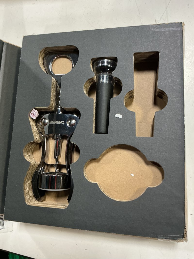 Condition photo showing As Is for beneno multifunctional wine bottle opener gift wing corkscrew, foil cutter, vacuum stopper & aerator pourer, perfect for wine lovers man woman, ingot silver