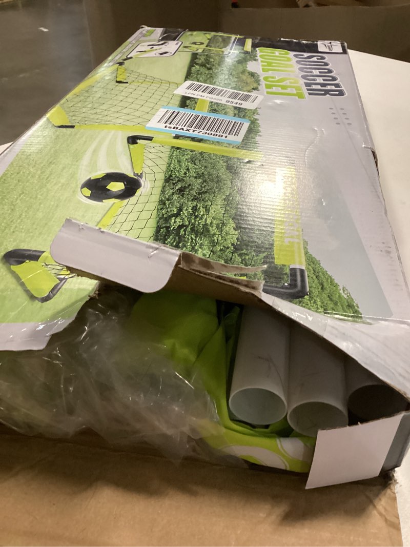 Condition photo showing As Is for kids soccer goals set for indoor & outdoor play – includes foldable goal, ball, pump & 4 stakes 1 pack- goal set