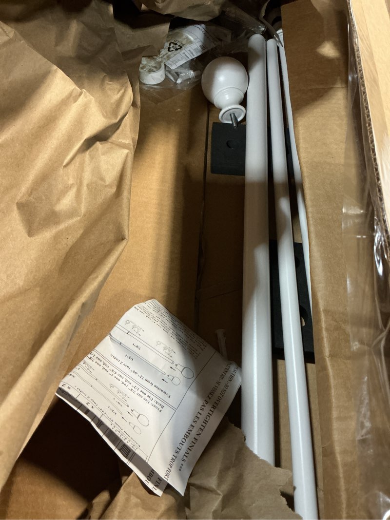 Condition photo showing As Is for brushed nickel double curtain rods, 28-48 inch adjustable rod with round finials brushed nickel 28-48"