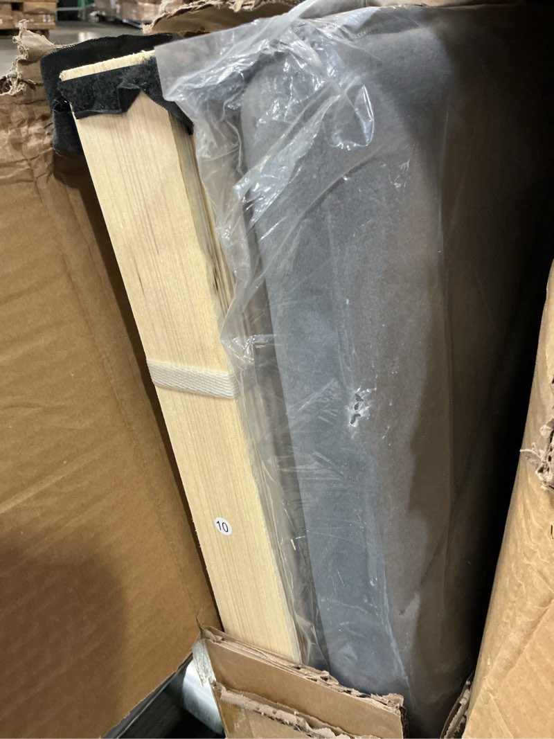 Condition photo showing As Is for (incomplete)full platform bed frame with velvet headboard, wing edge, sturdy wooden slats, noise-free, no box spring needed, easy assembly, grey grey full