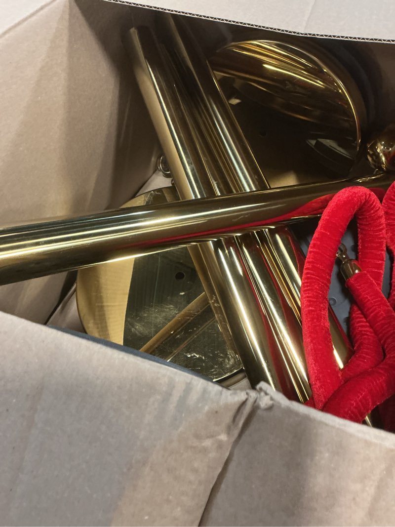 Condition photo showing As Is for 4pcs gold stanchions posts with 3pcs 5 ft red velvet rope, red velvet rope stanchion set crowd control barriers, stanchions and velvet ropes red carpet poles for party supplies 4 gold