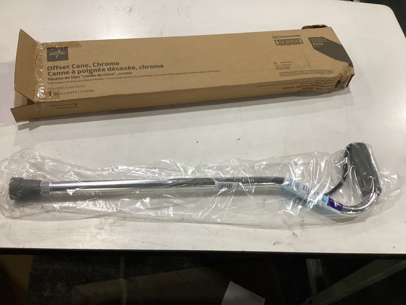 Condition photo showing New/Like New for medline aluminum-chrome offset walking cane, adjusts 29–38” & supports up to 300 lbs. — mobility aid provides balance for seniors & adults