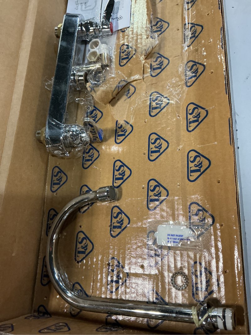 Condition photo showing As Is for t&s brass b-1142 workboard faucet, deck mount, 8-inch centers, swivel gooseneck, lever handles