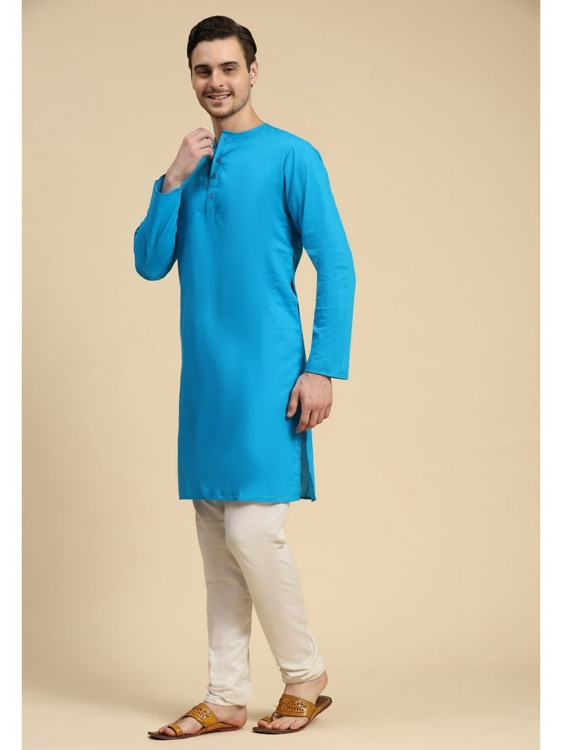 skavij men's cotton 2 piece set casual straight longline round neck shirt solid pant regular outfit (large,turquoise)