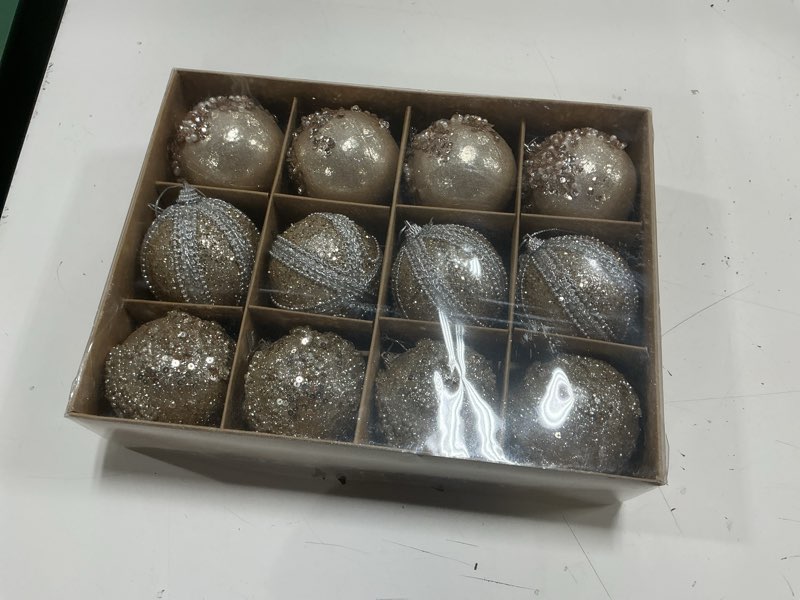 Condition photo showing New/Like New for sunshine decor christmas ornaments set 12pcs rustic farmhouse neutral christmas ornaments, 3.15" shatterproof large balls hanging for xmas tree, party holiday champagnewhite large
