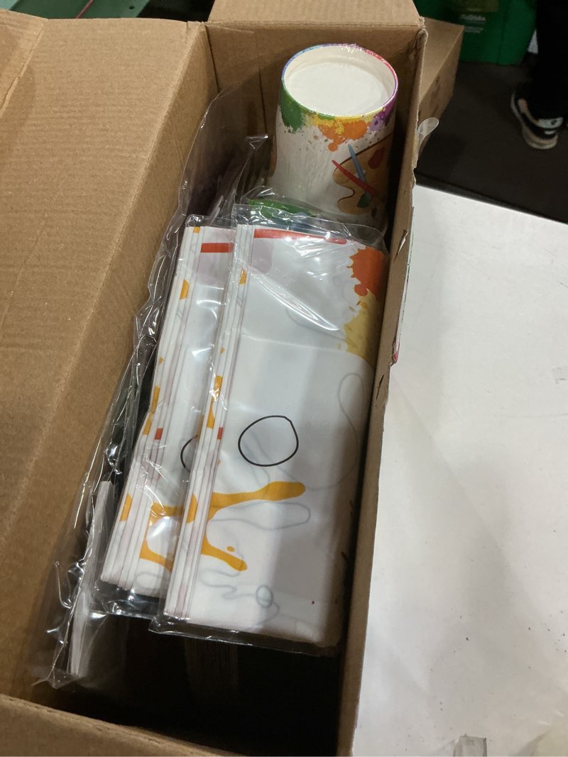 Condition photo showing New/Like New for Serves 30 Complete Art Birthday Party Supplies Includes Plates,Napkins,Table Covers, Happy Birthday Banner,Pennant Banners,Swirls, Art party Centerpiece, Ideal for Art Theme Decor