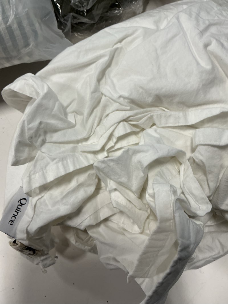 Condition photo showing As Is for organic brushed cotton sheet set, cali king, white
