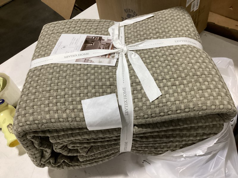 Condition photo showing Good Condition for levtex home mills waffle king/cal king quilt set (106x92in) with 2 pillow shams (36x20in) - taupe - cotton waffle king size quilt bedding set - lightweight, soft, pre-washed king quilt taupe