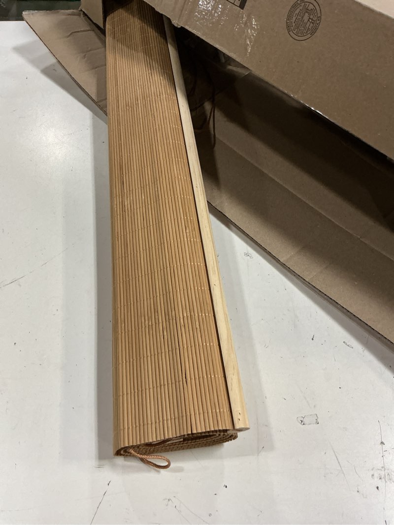 Condition photo showing As Is for bamboo blinds, easy to install bamboo shades for indoor windows, custom sizes roller shades for indoor windows, roll up blinds indoor outdoor patio coffee 28"w x 48"h