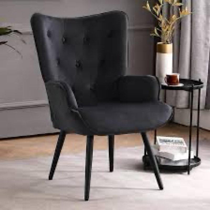 furniliving velvet accent chair modern upholstered side armchair with tapered legs tufted button wingback sofa chairs tall back reading chair for living room bedroom waiting room, black