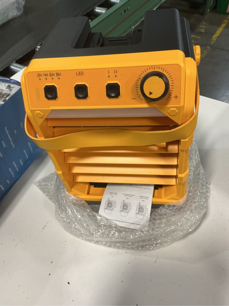 Condition photo showing Good Condition for uniqwamo misting fan portable compatible for dewalt 20v/60v battery | (no battery) or usb powered, cooling fan for bedroom with 7 lights, 8h timer, 1600ml water tank for outside tent yellow mist fan/d