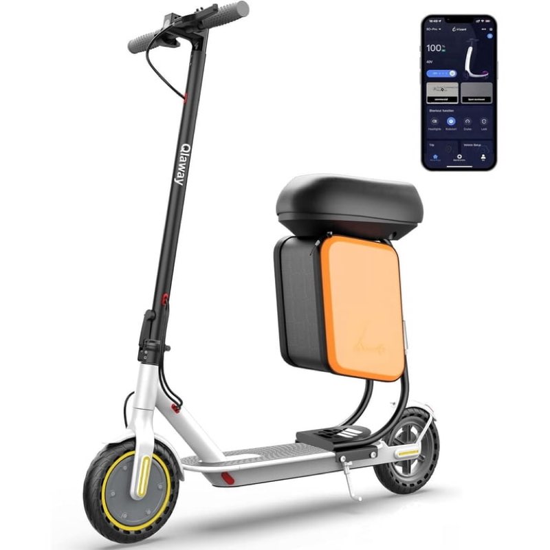 electric scooter adults foldable with seated bag 8.5" solid tire 19mph 350w motor 22miles range 265lbs load app control for travel commuting&campus