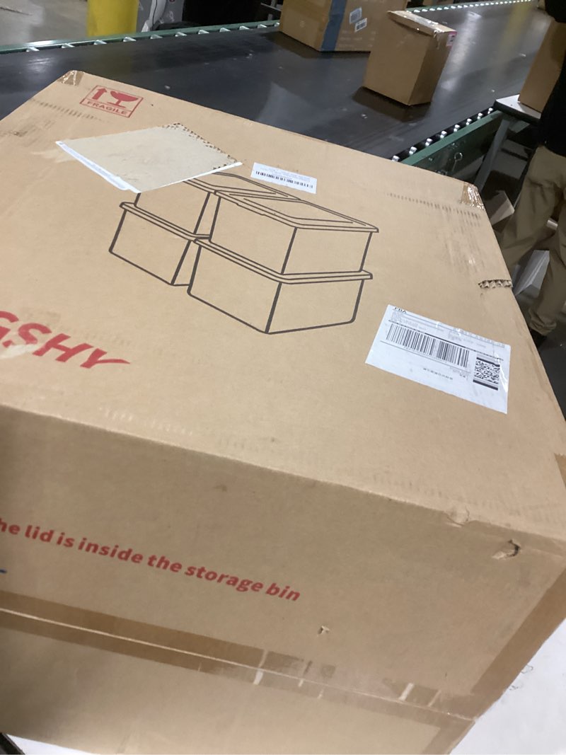 Condition photo showing New/Like New for YUNGSHY 4 Pack 58 Quart White Large Stackable Storage Bins With Lids,Bathroom Closet Undersink Organizers and Storage Containers and Durable Nestable Closet, Garage, Totes (white, 58Qt.-4Pack) white 58Qt.-4Pack