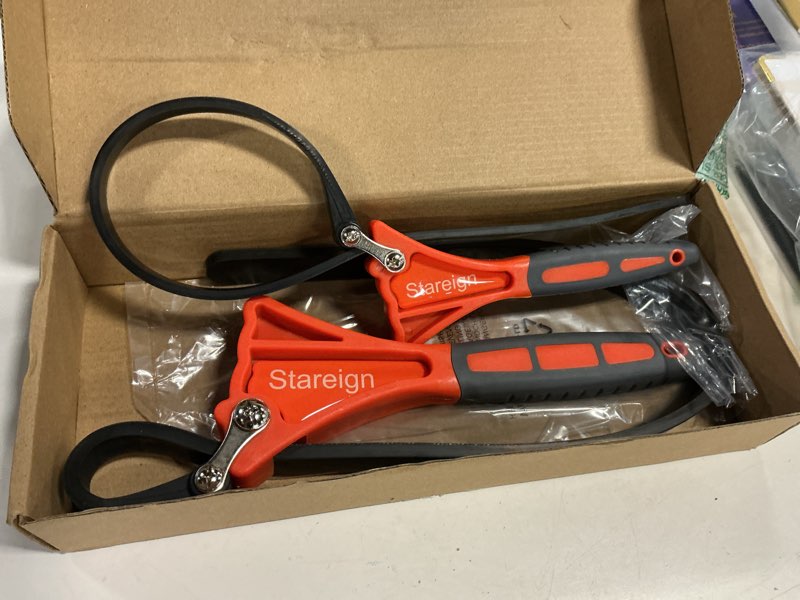 Condition photo showing New/Like New for 2-pack rubber strap wrench,oil filter wrench diameter 4" and 6" heavy duty adjustable blet wrench for jar opener,water filter,plumbing,sink,faucet(orange)