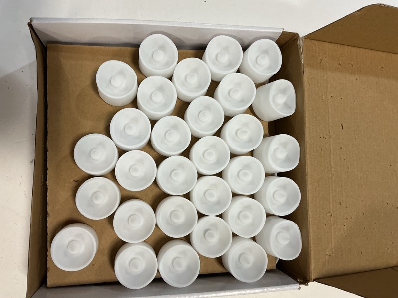 Condition photo showing As Is for homemory 72-pack novelty flickering flameless tea lights, 200+hours battery operated, fake electric led votive candles for small wedding table centerpieces, proposals, anniversaries bright amber glow, white base pack of 72