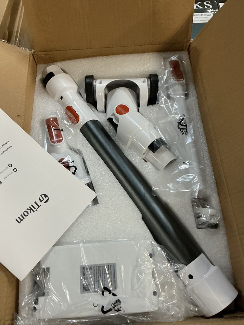 Condition photo showing As Is for tikom v500 cordless vacuum cleaner for home, 40000pa/450w stick vacuum with led touch screen, charging wall dock, anti-tangle, lightweight handheld vacuum for pet hair, hard floor, carpet orange&white