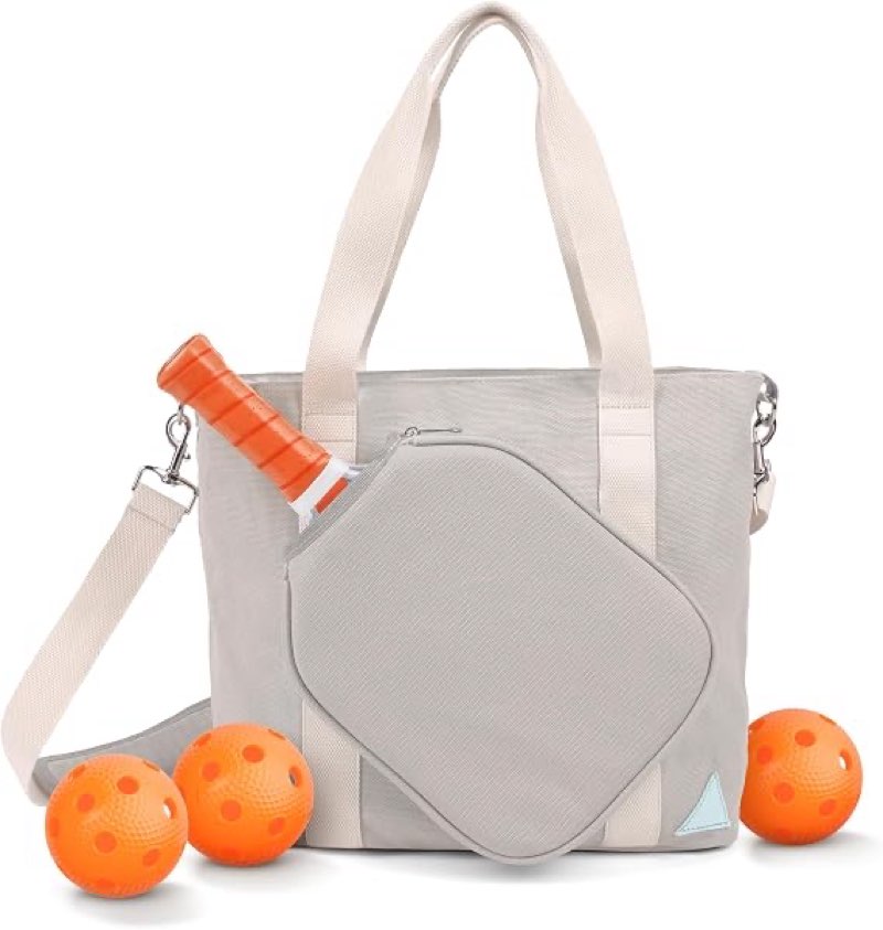 verly pickleball bag - large gray canvas tote bag for women and men, fits 2 pickle ball paddles & shoe storage, adjustable strap, fence hook, pickleball gifts & accessories
