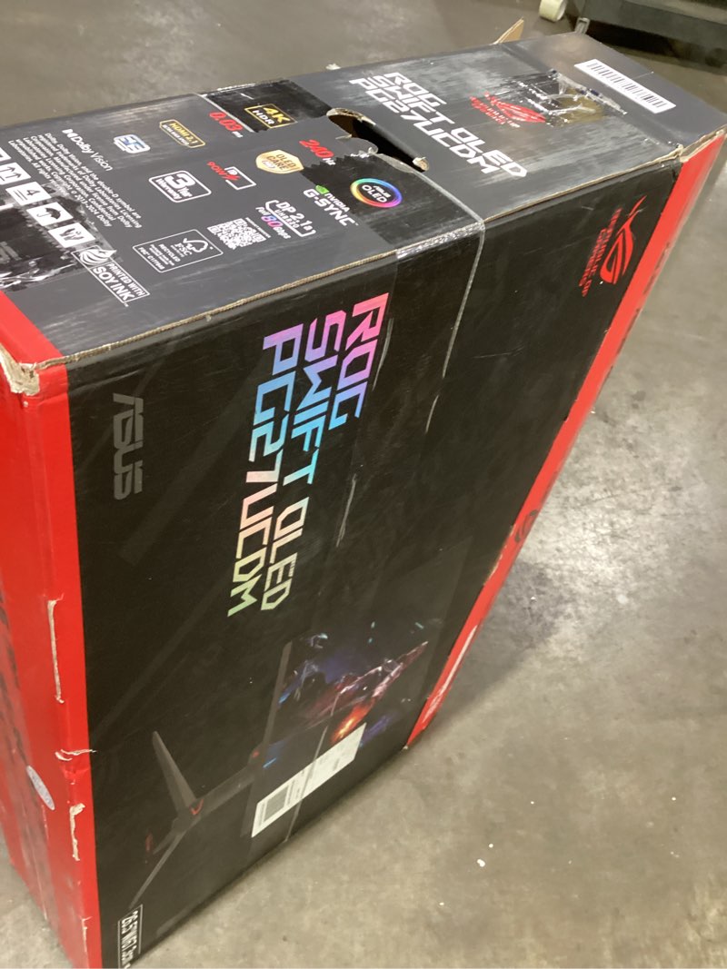 Condition photo showing As Is for asus rog swift 27” 4k qd-oled gaming monitor (pg27ucdm) - 240hz, 0.03ms, custom heatsink, neo proximity sensor, g-sync compatible, 99% dci-p3, true 10-bit color, displayport 2.1a uhbr20, 3 yr warranty 27" oled 4k 240hz uhd g-sync