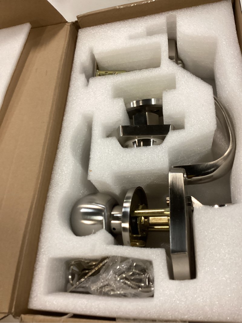 Condition photo showing Good Condition for estmoon front door lock and deadbolt set, satin nickel exterior door handle with interior door knob for front doors, entry door handle and single cylinder deadbolt reversible for left&right hand doors brushed nickel